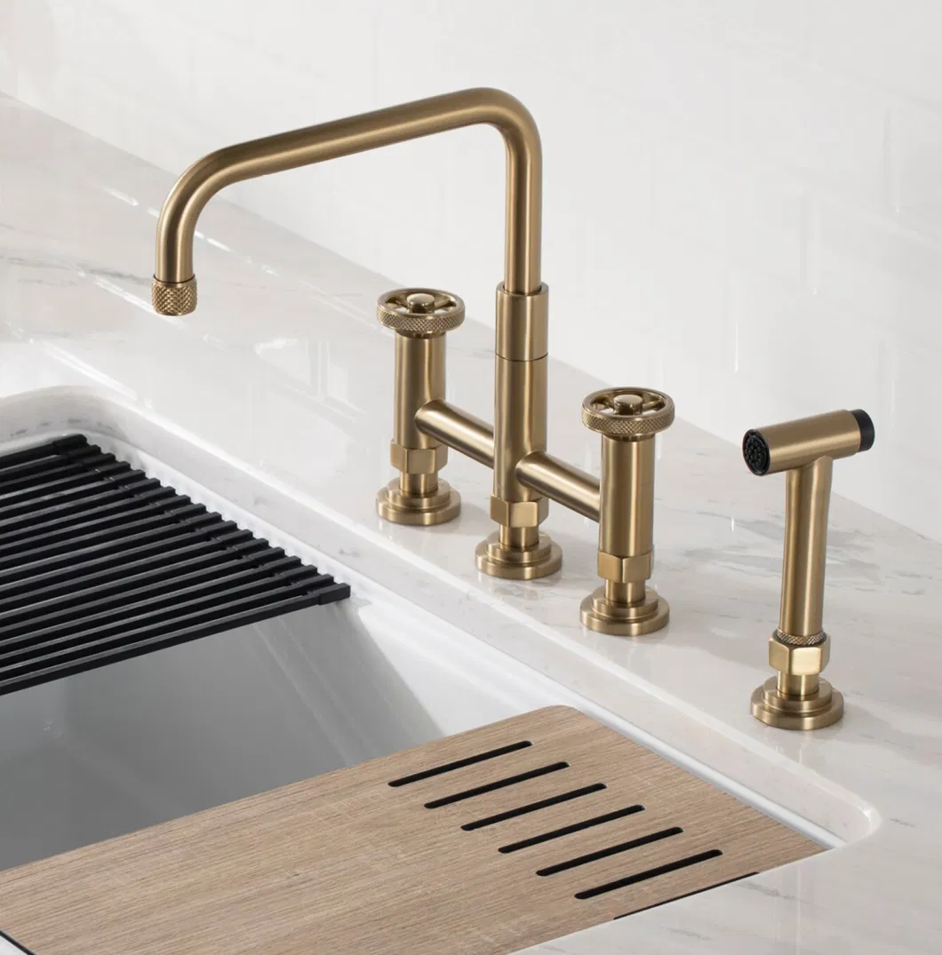 Aquacubic Swiveling Spout Solid Brass Bridge Bar Faucets, 2 Handle with Side Sprayer for Kitchen