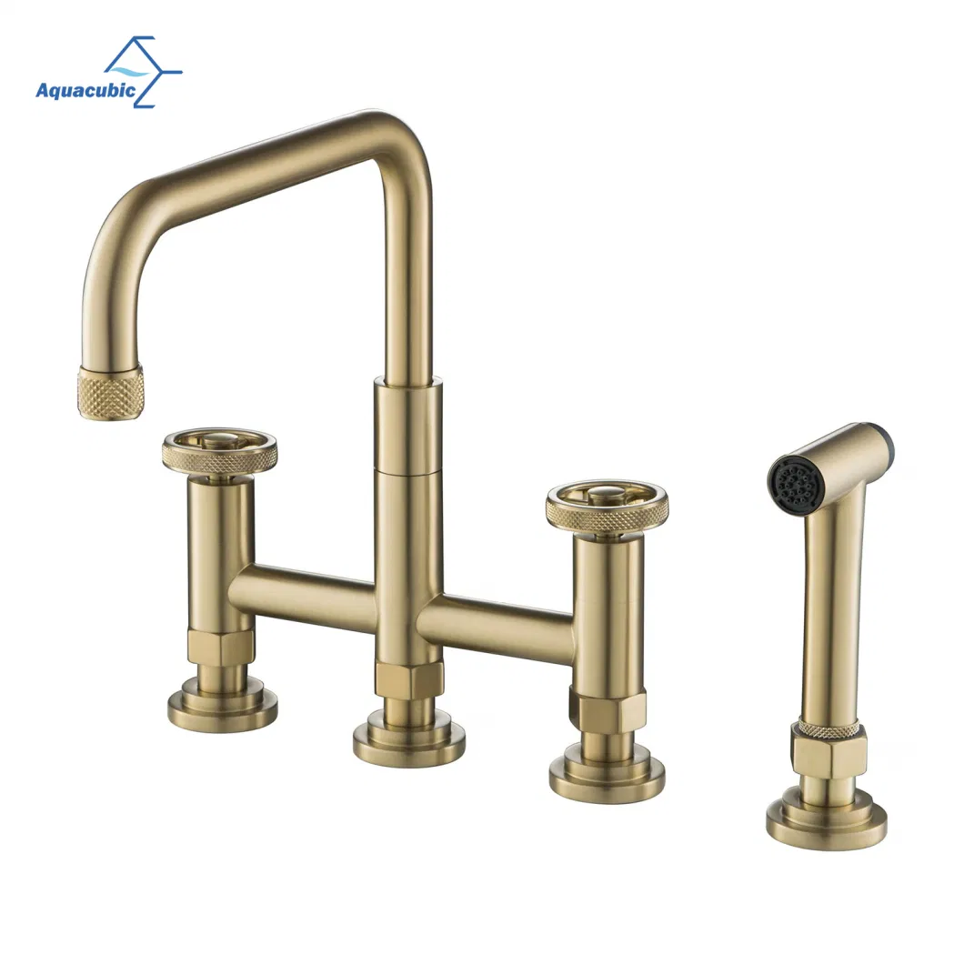 Aquacubic Swiveling Spout Solid Brass Bridge Bar Faucets, 2 Handle with Side Sprayer for Kitchen