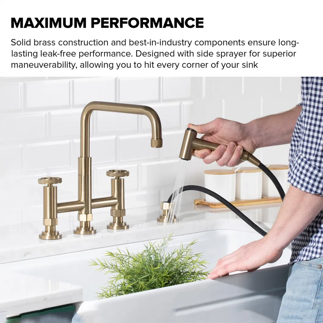 Aquacubic Swiveling Spout Solid Brass Bridge Bar Faucets, 2 Handle with Side Sprayer for Kitchen